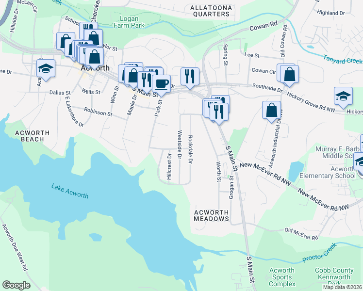 map of restaurants, bars, coffee shops, grocery stores, and more near 4350 Westside Drive in Acworth