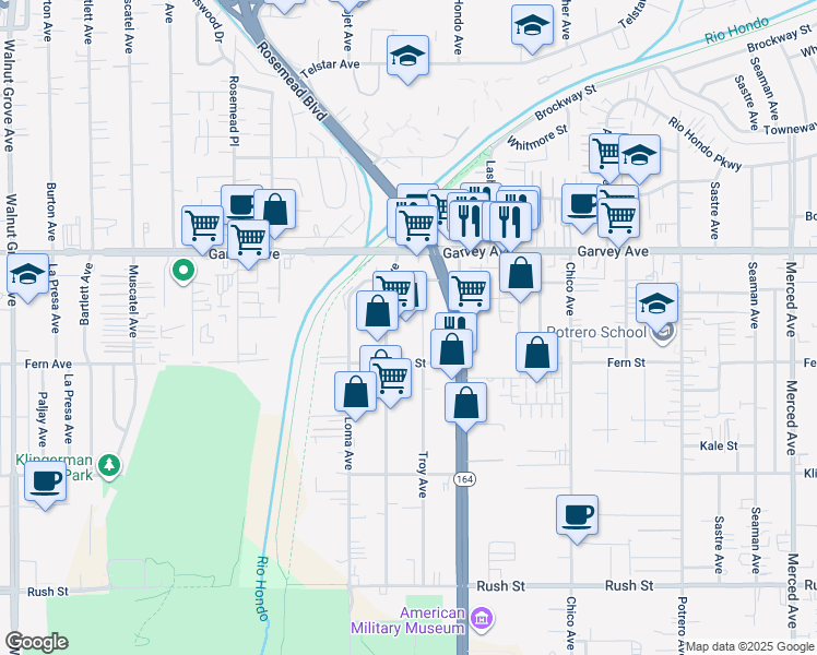 map of restaurants, bars, coffee shops, grocery stores, and more near 2651 Troy Avenue in South El Monte