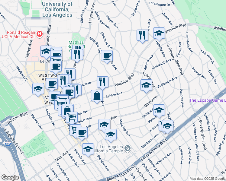 map of restaurants, bars, coffee shops, grocery stores, and more near 10700 Wilshire Boulevard in Los Angeles