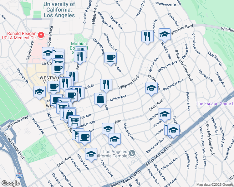 map of restaurants, bars, coffee shops, grocery stores, and more near 10700 Wilshire Boulevard in Los Angeles