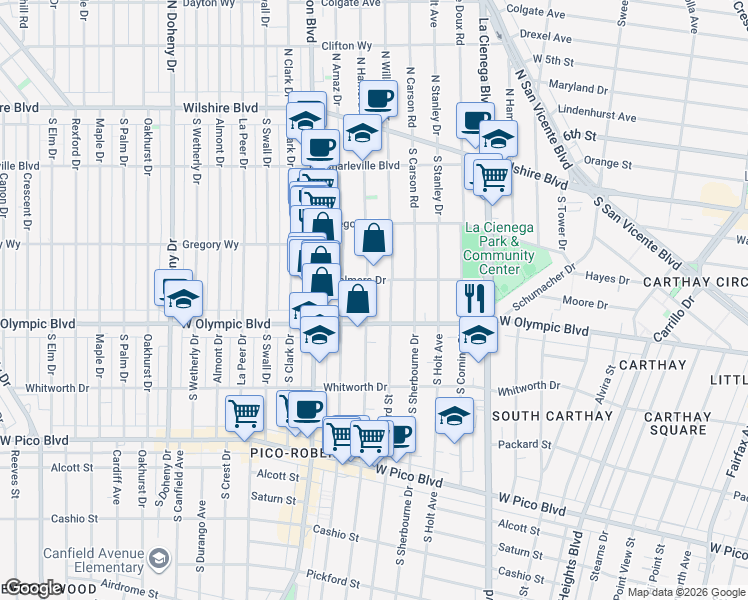 map of restaurants, bars, coffee shops, grocery stores, and more near 916 South Shenandoah Street in Los Angeles