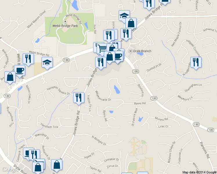 map of restaurants, bars, coffee shops, grocery stores, and more near 11405 Mabry Park Pl in Johns Creek