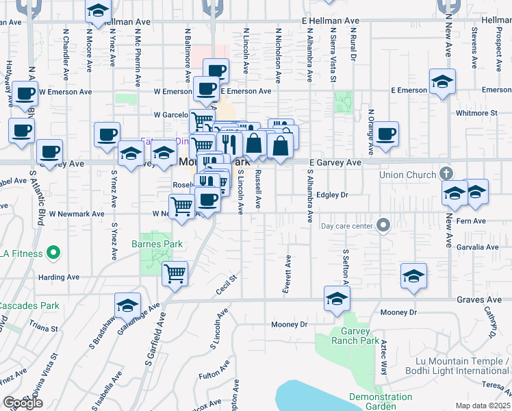 map of restaurants, bars, coffee shops, grocery stores, and more near 233 Russell Avenue in Monterey Park