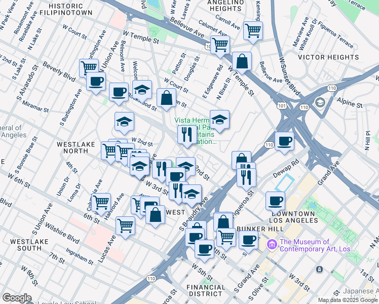 map of restaurants, bars, coffee shops, grocery stores, and more near 1238 West 1st Street in Los Angeles