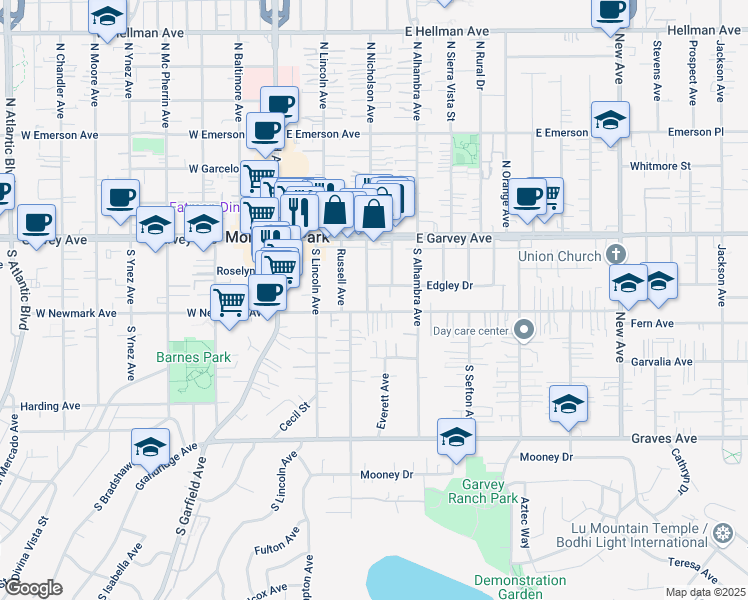 map of restaurants, bars, coffee shops, grocery stores, and more near 230 South Nicholson Avenue in Monterey Park