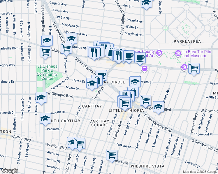 map of restaurants, bars, coffee shops, grocery stores, and more near 6226 San Vicente Boulevard in Los Angeles
