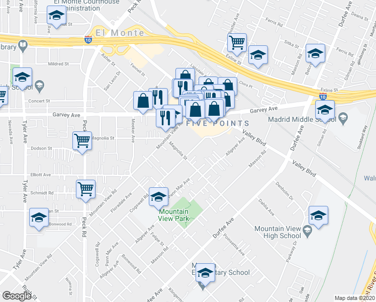 map of restaurants, bars, coffee shops, grocery stores, and more near 11951 Magnolia Street in El Monte