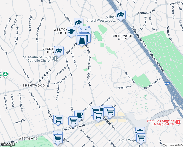 map of restaurants, bars, coffee shops, grocery stores, and more near 420 South Barrington Avenue in Los Angeles