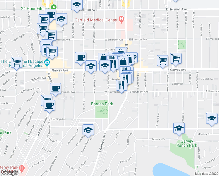 map of restaurants, bars, coffee shops, grocery stores, and more near 232 South Ramona Avenue in Monterey Park
