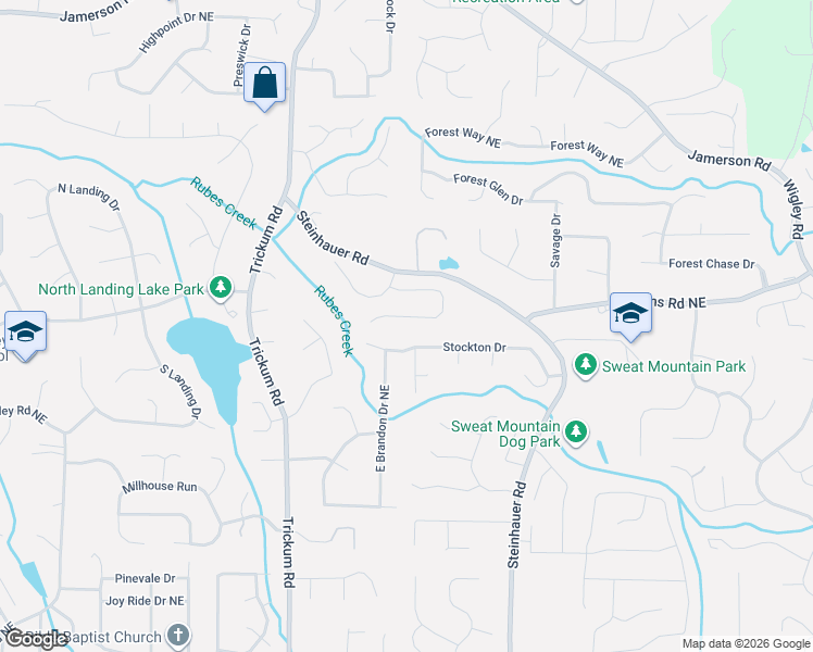 map of restaurants, bars, coffee shops, grocery stores, and more near 2453 Tall Timbers Trail in Marietta