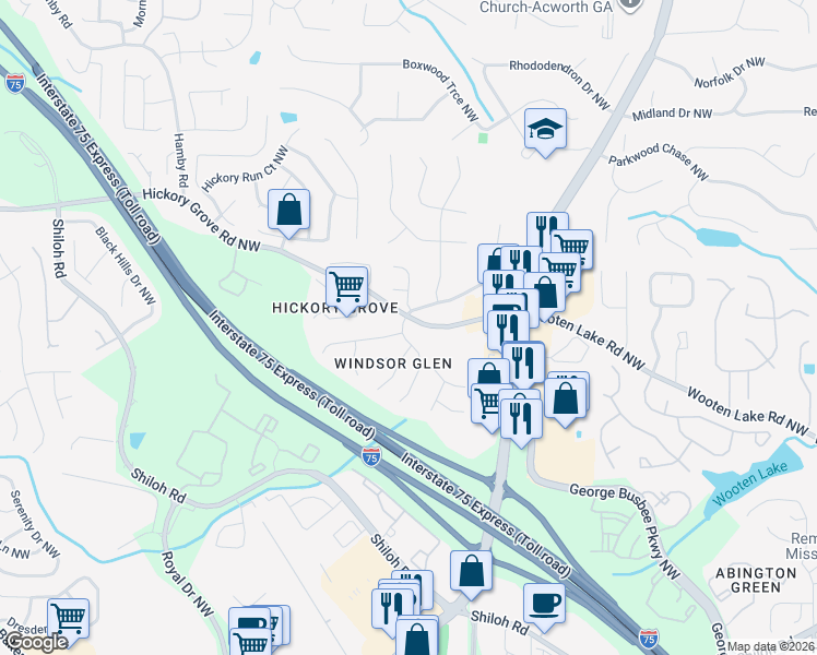 map of restaurants, bars, coffee shops, grocery stores, and more near 4401 Windmoor Drive Northwest in Kennesaw