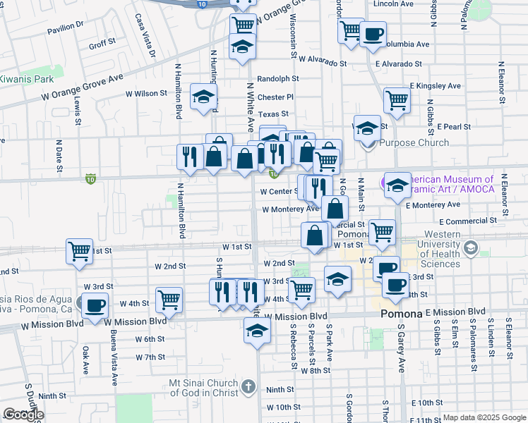 map of restaurants, bars, coffee shops, grocery stores, and more near in Pomona