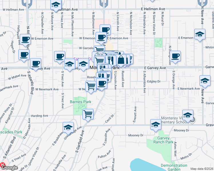 map of restaurants, bars, coffee shops, grocery stores, and more near 232 South Garfield Avenue in Monterey Park
