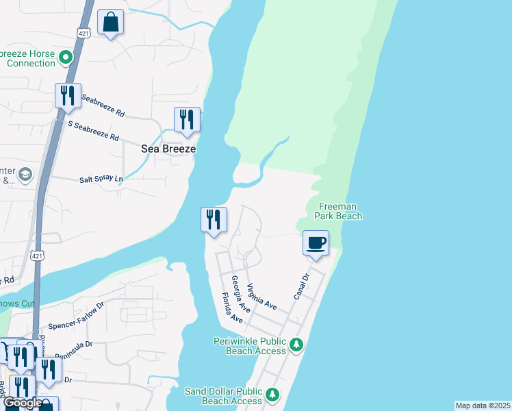 map of restaurants, bars, coffee shops, grocery stores, and more near 430 Oceana Way in Carolina Beach
