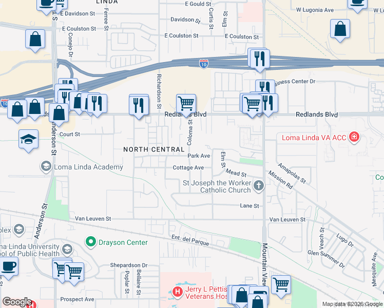 map of restaurants, bars, coffee shops, grocery stores, and more near in Loma Linda