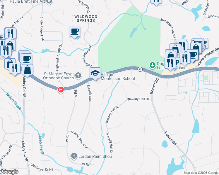 map of restaurants, bars, coffee shops, grocery stores, and more near 320 Waverly Hall Circle in Roswell