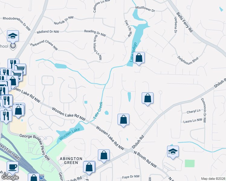 map of restaurants, bars, coffee shops, grocery stores, and more near 1199 Parkwood Chase Northwest in Acworth