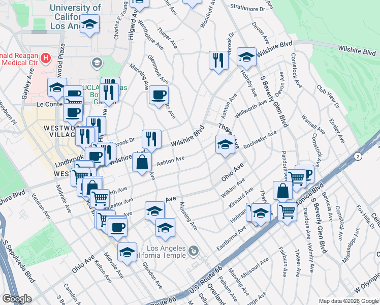 map of restaurants, bars, coffee shops, grocery stores, and more near 10627 Ashton Avenue in Los Angeles