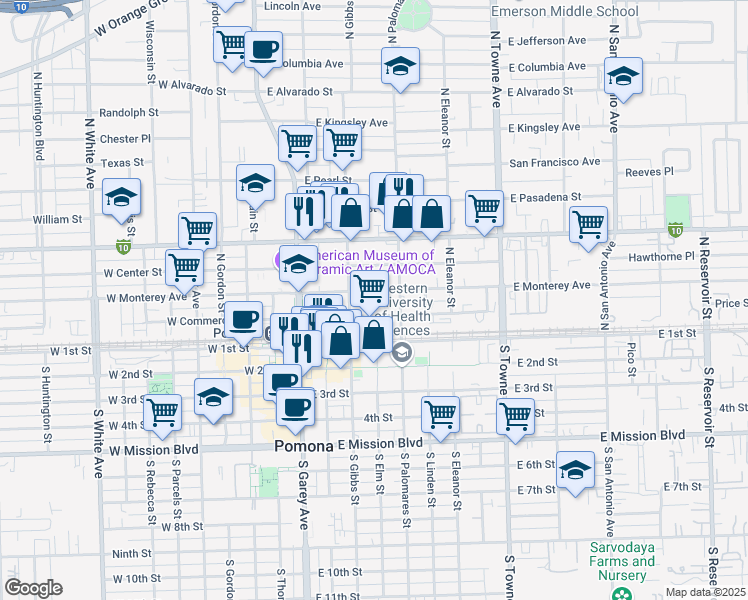 map of restaurants, bars, coffee shops, grocery stores, and more near 250 East Monterey Avenue in Pomona