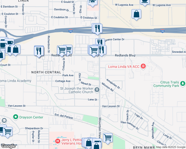 map of restaurants, bars, coffee shops, grocery stores, and more near 10650 Mountain View Avenue in Redlands
