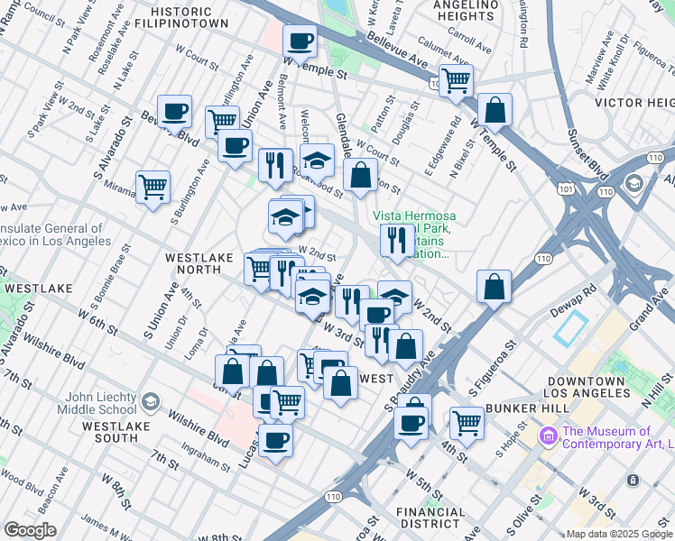 map of restaurants, bars, coffee shops, grocery stores, and more near 202 Lucas Avenue in Los Angeles