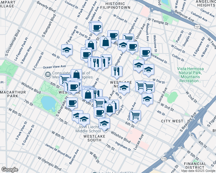 map of restaurants, bars, coffee shops, grocery stores, and more near 326 South Burlington Avenue in Los Angeles