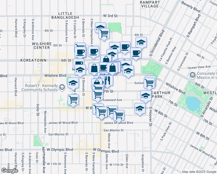 map of restaurants, bars, coffee shops, grocery stores, and more near 682 Shatto Place in Los Angeles