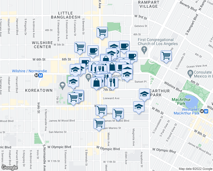 map of restaurants, bars, coffee shops, grocery stores, and more near 682 Shatto Place in Los Angeles