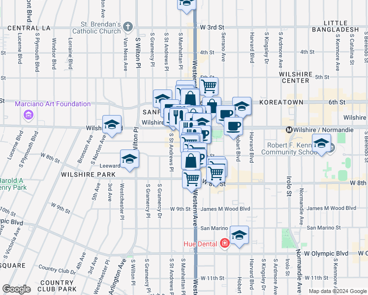 map of restaurants, bars, coffee shops, grocery stores, and more near 581 South Western Avenue in Los Angeles