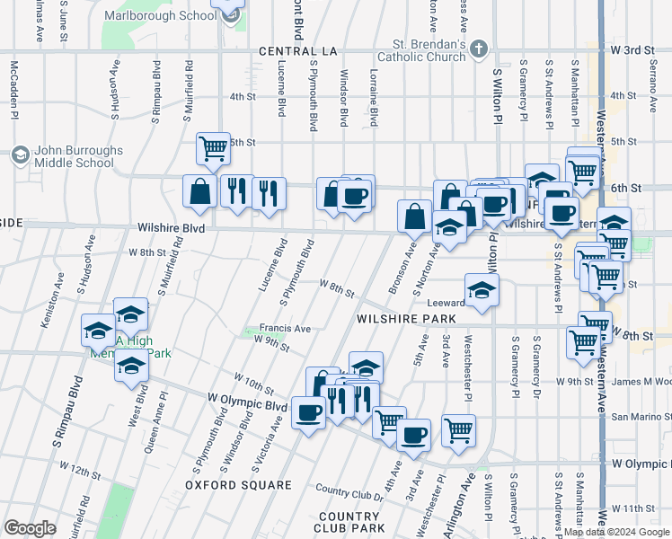 map of restaurants, bars, coffee shops, grocery stores, and more near 715 Lorraine Boulevard in Los Angeles