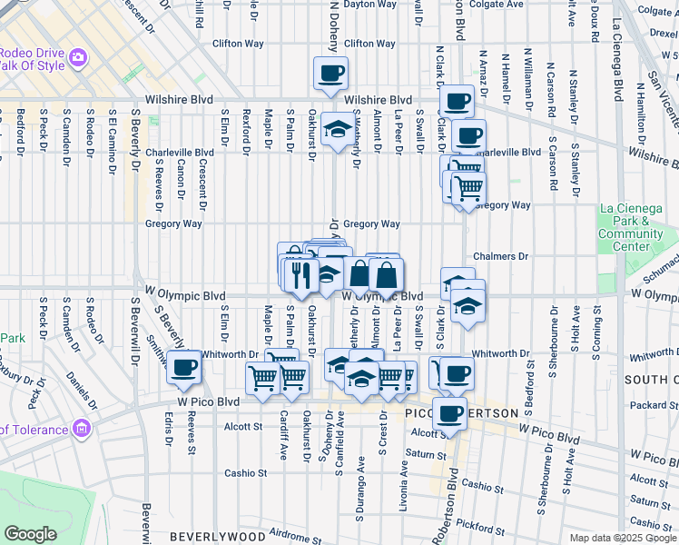 map of restaurants, bars, coffee shops, grocery stores, and more near 345 South Wetherly Drive in Beverly Hills
