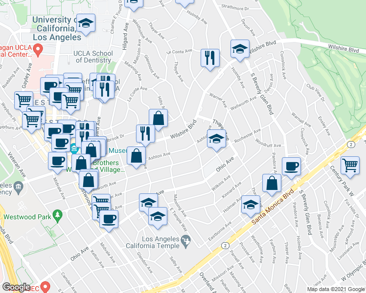 map of restaurants, bars, coffee shops, grocery stores, and more near 10619 Ashton Avenue in Los Angeles