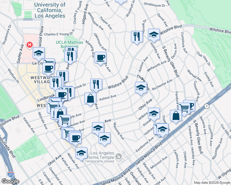 map of restaurants, bars, coffee shops, grocery stores, and more near 10619 Ashton Avenue in Los Angeles