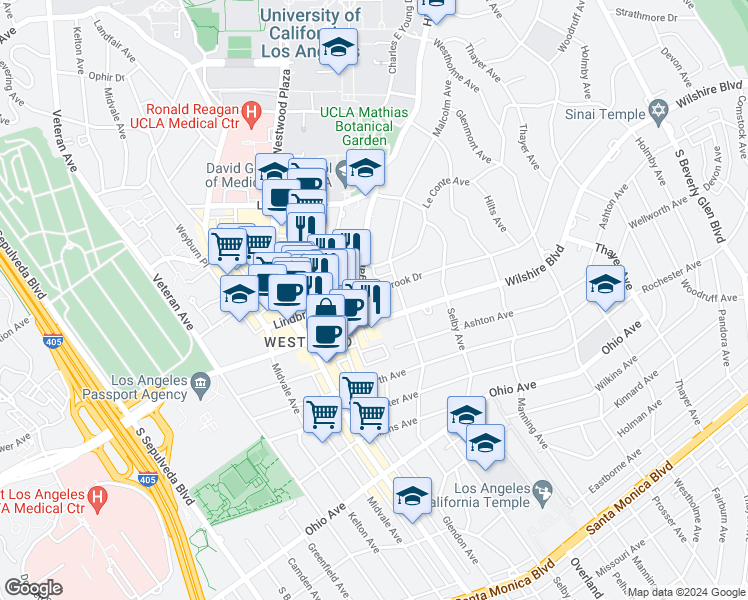 map of restaurants, bars, coffee shops, grocery stores, and more near 10830 Lindbrook Drive in Los Angeles
