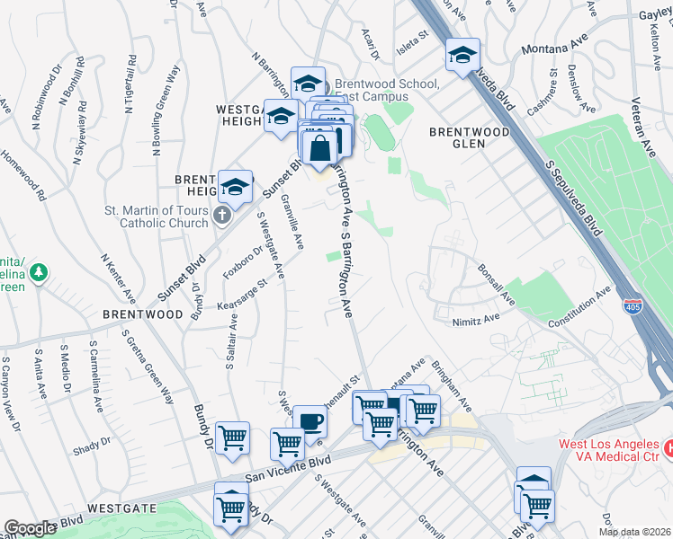 map of restaurants, bars, coffee shops, grocery stores, and more near 417 South Barrington Avenue in Los Angeles