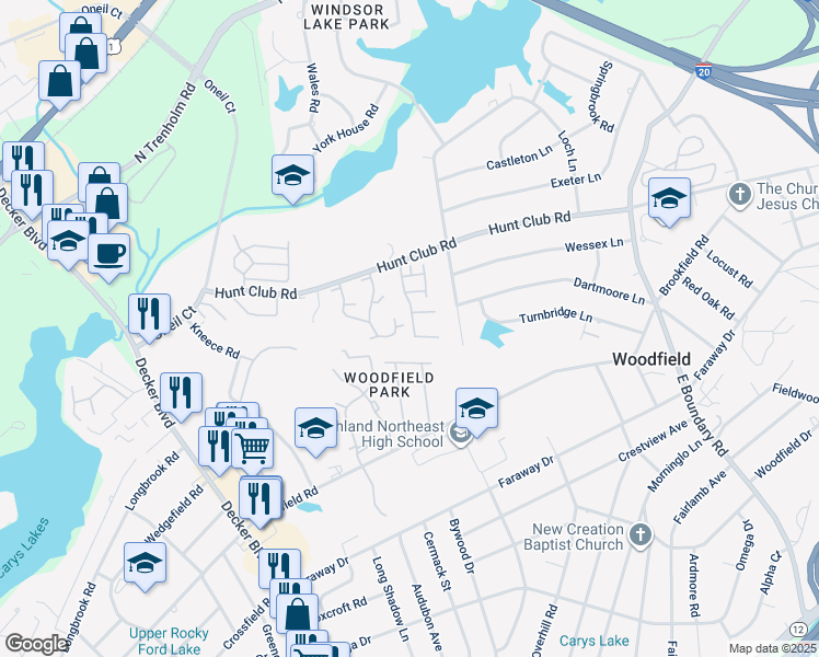 map of restaurants, bars, coffee shops, grocery stores, and more near 7602 Hunt End Court in Columbia