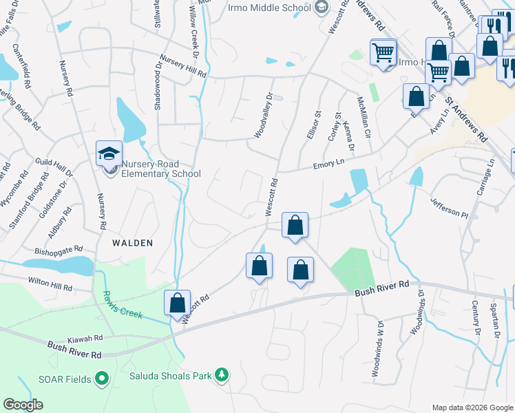 map of restaurants, bars, coffee shops, grocery stores, and more near 515 Old Wood Place in Columbia