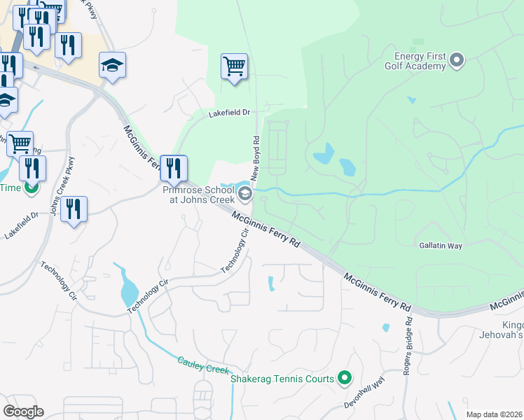 map of restaurants, bars, coffee shops, grocery stores, and more near 7432 Portbury Park Lane in Suwanee