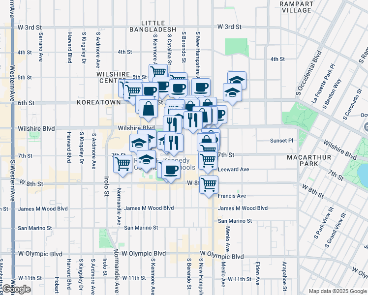 map of restaurants, bars, coffee shops, grocery stores, and more near 688 South Berendo Street in Los Angeles