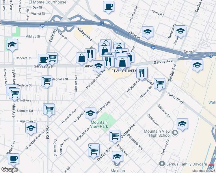 map of restaurants, bars, coffee shops, grocery stores, and more near 11951 Magnolia Street in El Monte