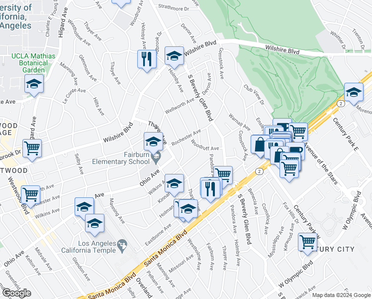 map of restaurants, bars, coffee shops, grocery stores, and more near 1422 Warner Avenue in Los Angeles