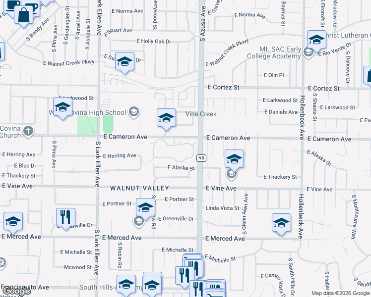 map of restaurants, bars, coffee shops, grocery stores, and more near 1752 Aspen Village Way in West Covina