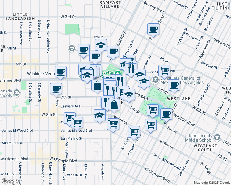map of restaurants, bars, coffee shops, grocery stores, and more near 147 South Hoover Street in Los Angeles