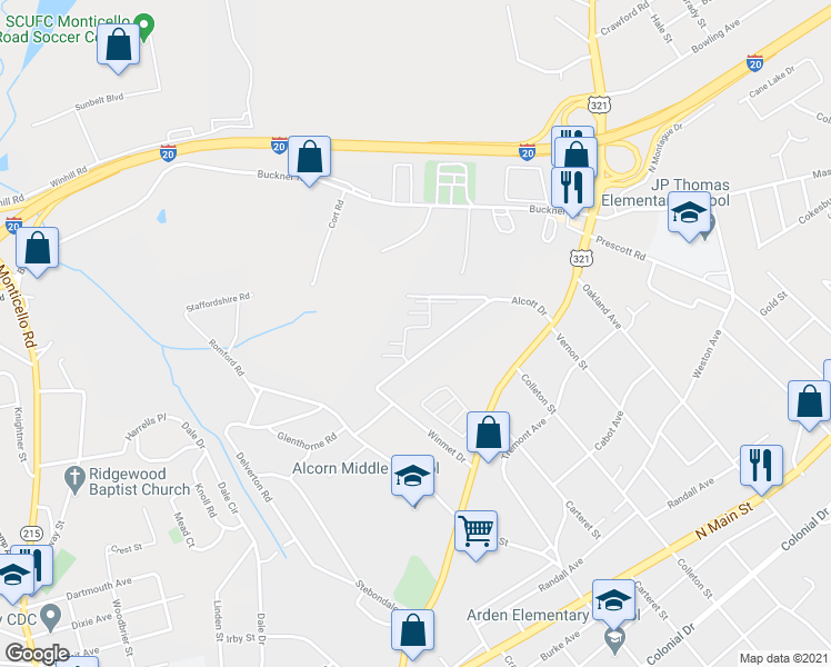 map of restaurants, bars, coffee shops, grocery stores, and more near 10 Winmet Drive in Columbia