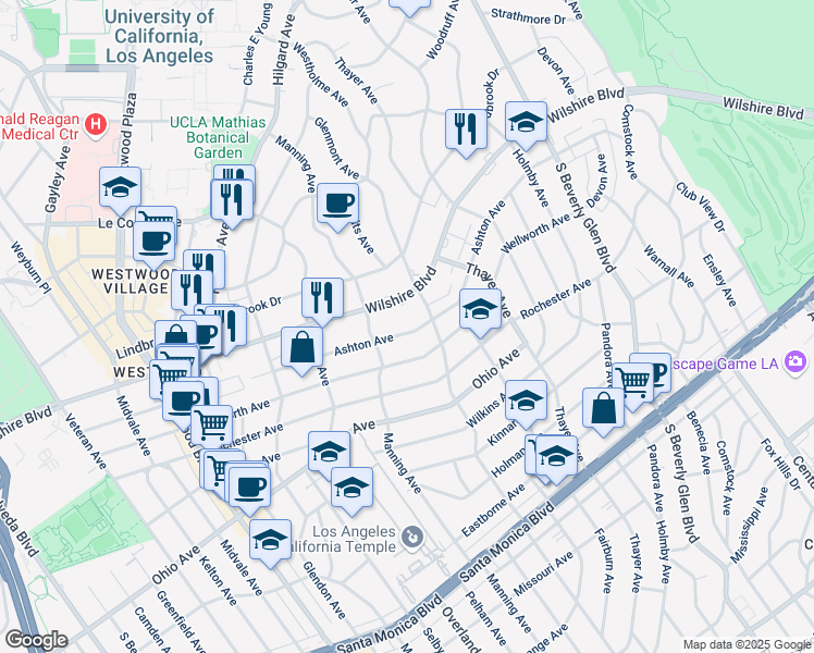 map of restaurants, bars, coffee shops, grocery stores, and more near 10627 Ashton Avenue in Los Angeles