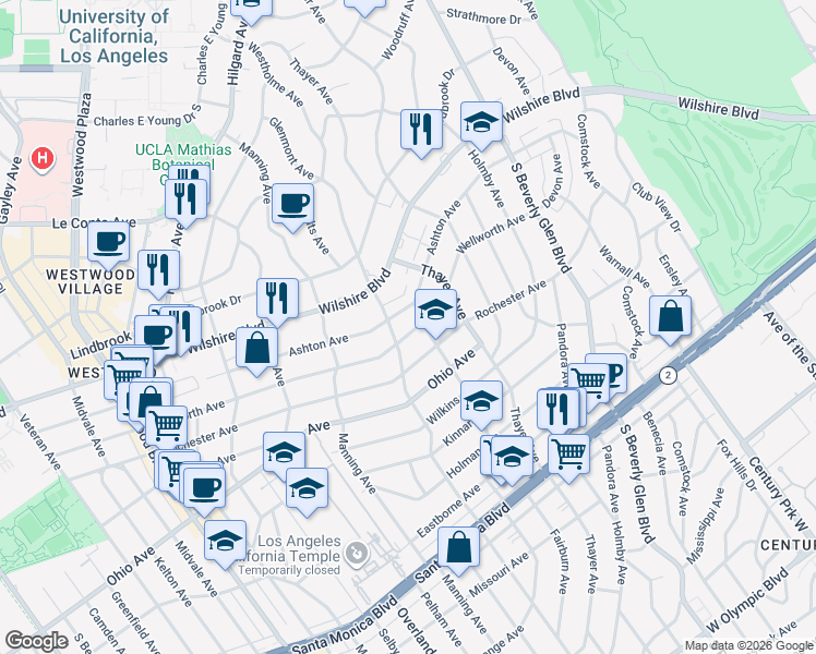map of restaurants, bars, coffee shops, grocery stores, and more near 10592 Ashton Avenue in Los Angeles