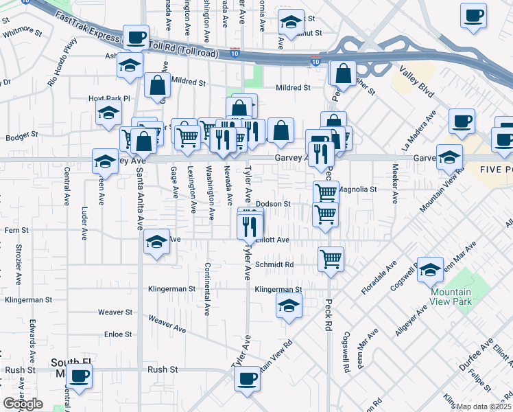map of restaurants, bars, coffee shops, grocery stores, and more near 11010 Dodson Street in South El Monte