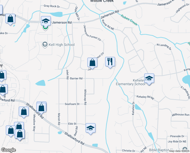 map of restaurants, bars, coffee shops, grocery stores, and more near 1515 Barrier Road in Marietta