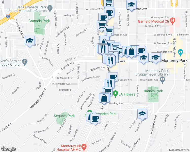 map of restaurants, bars, coffee shops, grocery stores, and more near 915 West Newmark Avenue in Monterey Park