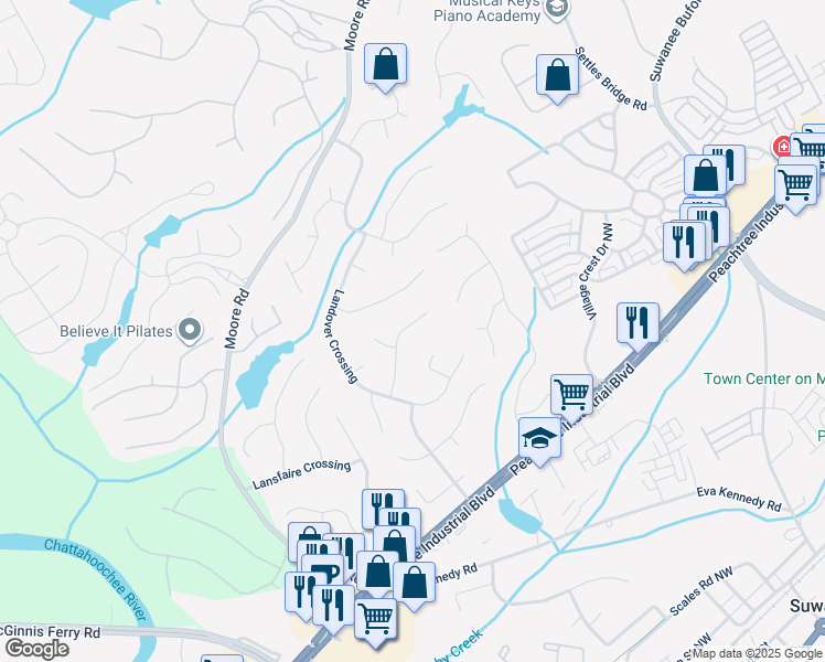 map of restaurants, bars, coffee shops, grocery stores, and more near 4405 Red Rock Point in Suwanee